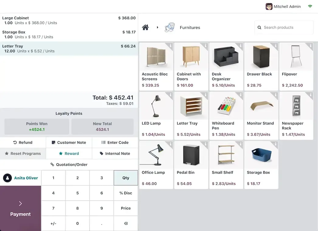 Odoo-Screenshot: Kassensystem mit Warenkorb und Produkten