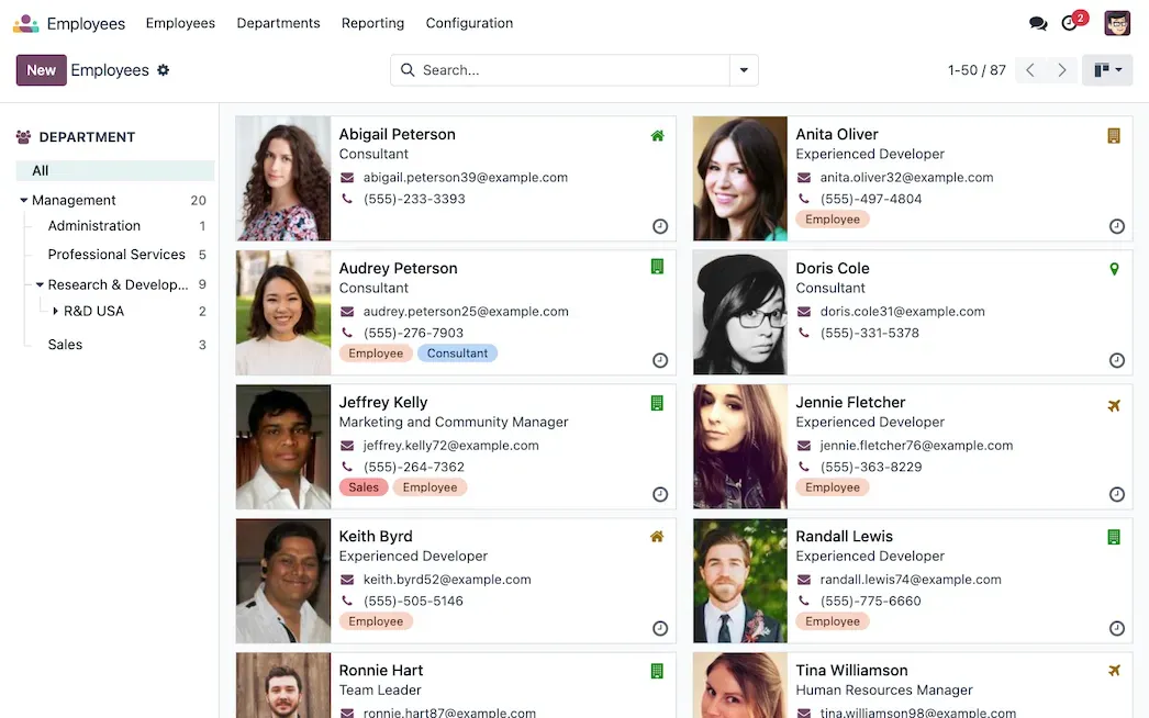 Odoo-Screenshot: Mitarbeiterübersicht nach Abteilungen