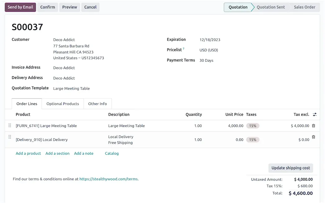 Odoo-Screenshot: Angebot mit Positionen und Summen