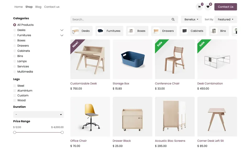 Odoo-Screenshot: Webshop mit Kategorien und Produkten